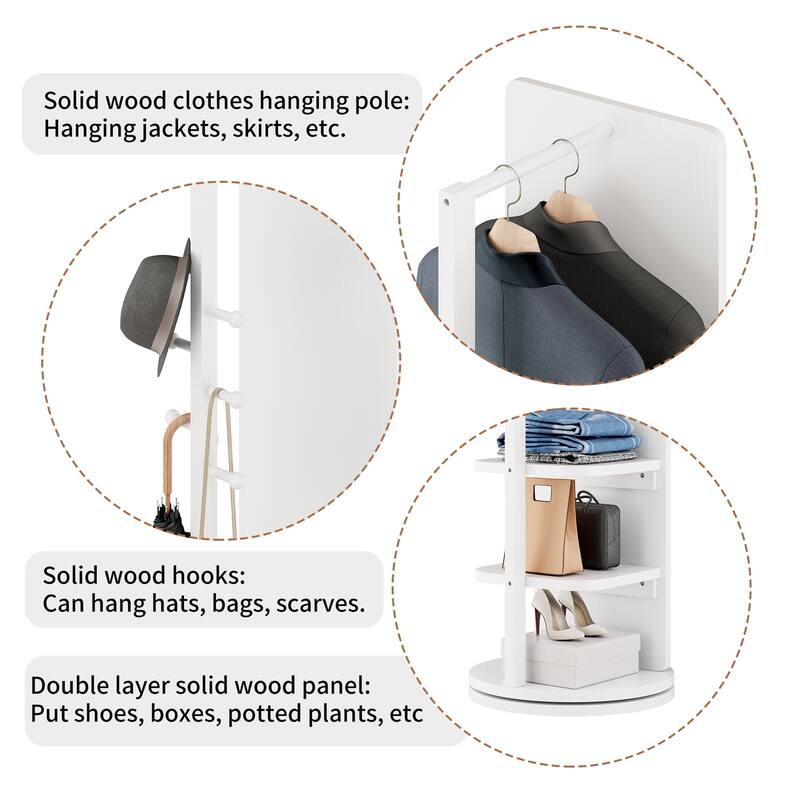360 Rotating Multifunctional Full Length Mirror with Hook Storage Rack Coat Rack