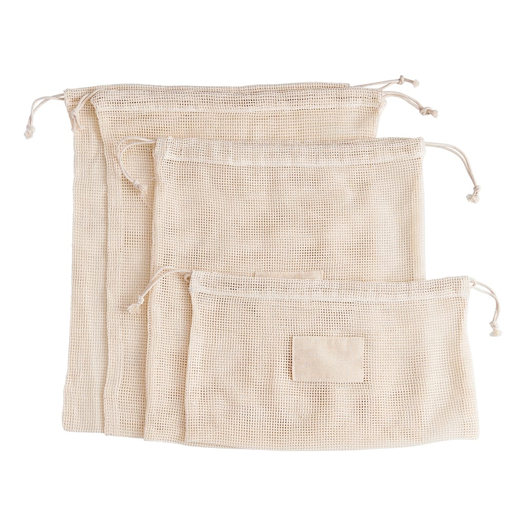 HIC Kitchen Reusable Produce Bags with Drawstring Closure, Unbleached Organic Cotton Mesh, Set of 4 plus Storage Bag