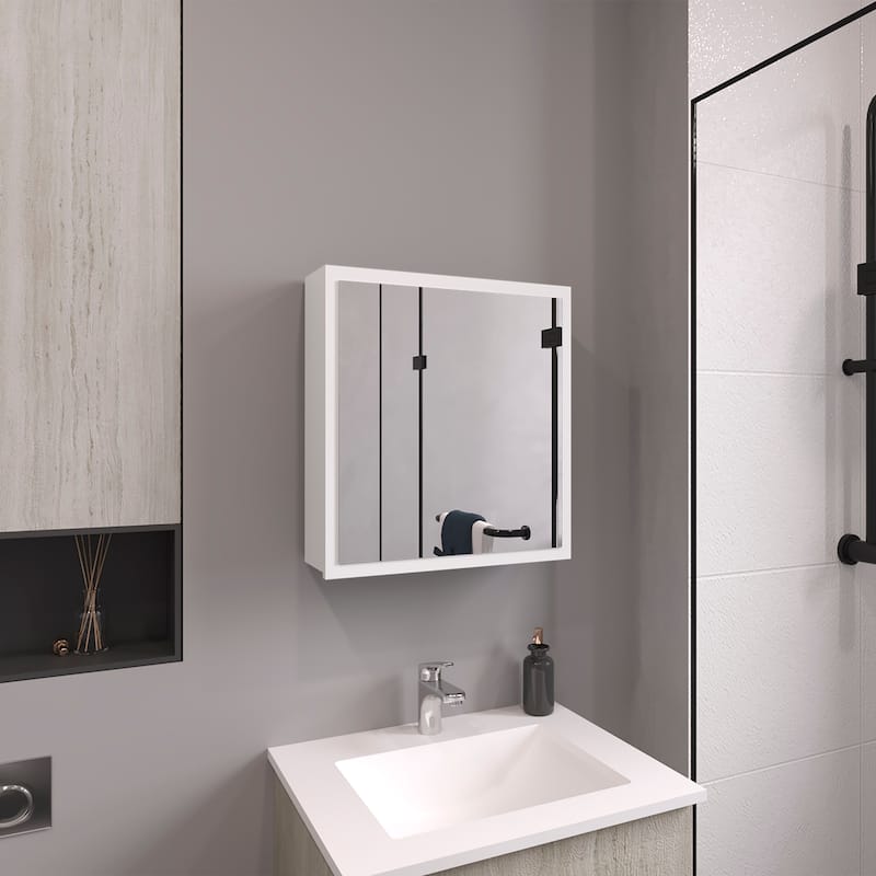 White Mirror Medicine Cabinet with 1 Door and 4 Adjustable Shelves for Bathroom or Kitchen, Towel Rack Included - 6X20 in - White + Particle Board