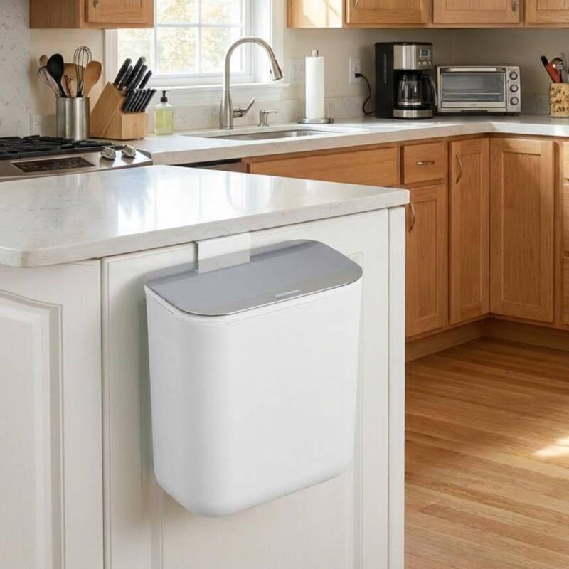 2.38 Gallon Compost Bin Hanging Trash Can with Stainless Steel Lid for Kitchen、Bathroom - White