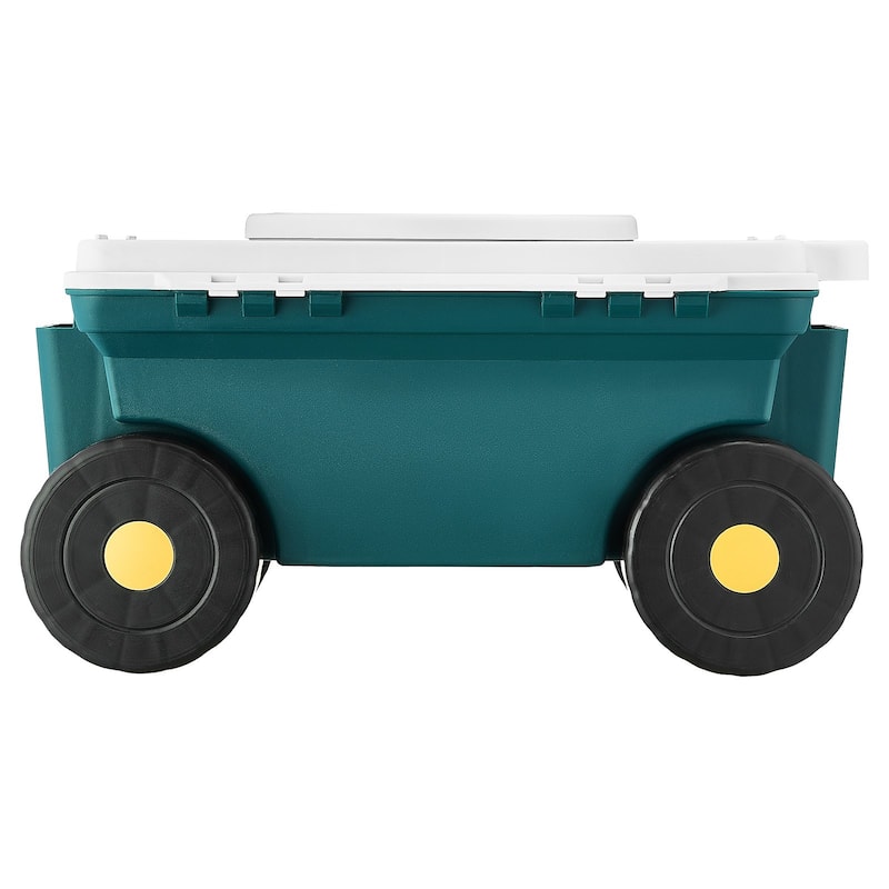 Grey and Green Plastic Rolling Garden Cart with 360 Seat and Storage Compartment - 20.47×12.20×11.02 inches