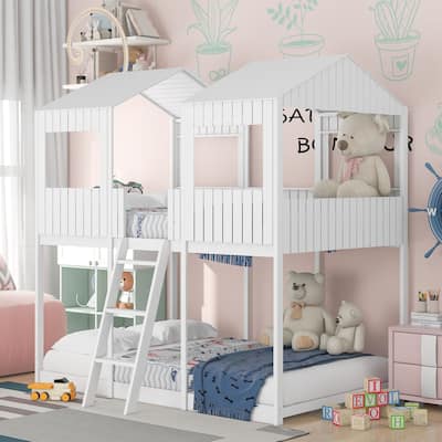 Full-Over-Full Wood Bunk Bed with Playhouse Design, Roof, and Safety Features