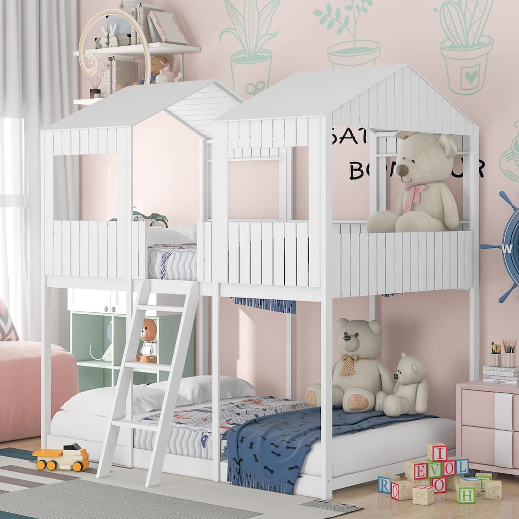 Full-Over-Full Wood Bunk Bed with Playhouse Design, Roof, and Safety Features