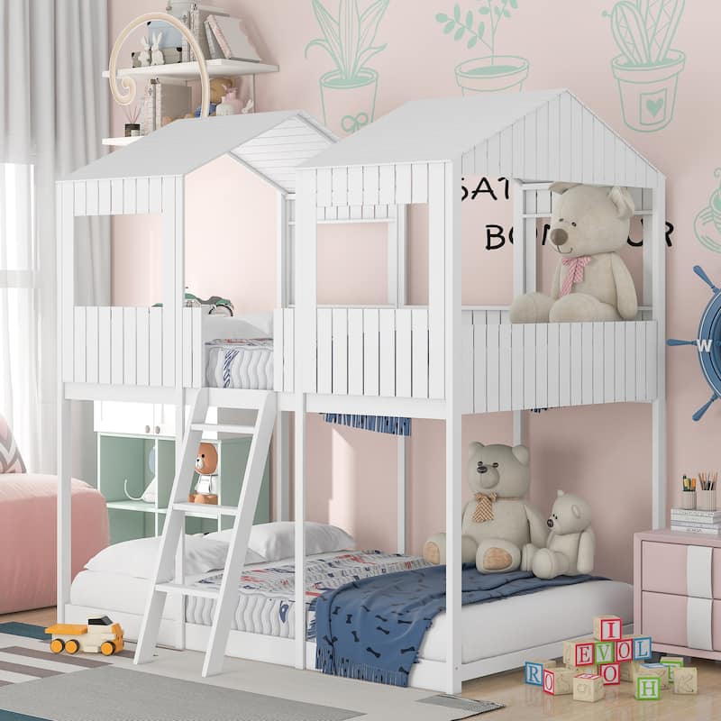 Wooden Castle House Bed Full Over Full Bunk Bed with Roof, Window, Guardrail, Ladder
