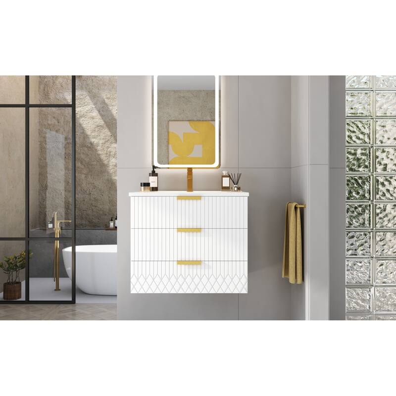 Roomfitters 24 Inch Wall Mounted Floating Vanity, Modern Small Bathroom Cabinet with Ceramic Basin Sink & 2 Sliding Tiers