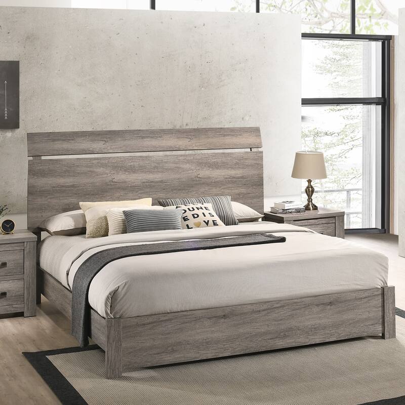 Roundhill Furniture Floren Contemporary Weathered Gray Wood Bedroom Set, Panel Bed, Dresser, Mirror, Nightstand