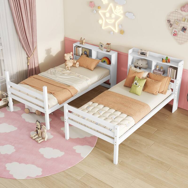 Twin Bunk Bed with Bookcase Headboard and Convertible 2-in-1 Design Safety Guardrails & Ladder (250lb Capacity)