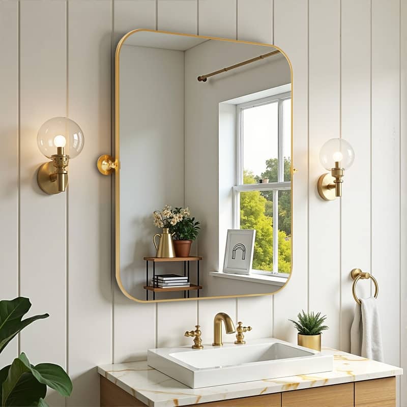 Rectangular Metal Framed Pivoted Bathroom Wall Vanity Mirror Adjustable Wall-Mounted For Modern Wall Decor - 31" x 24" - Gold Round Corner
