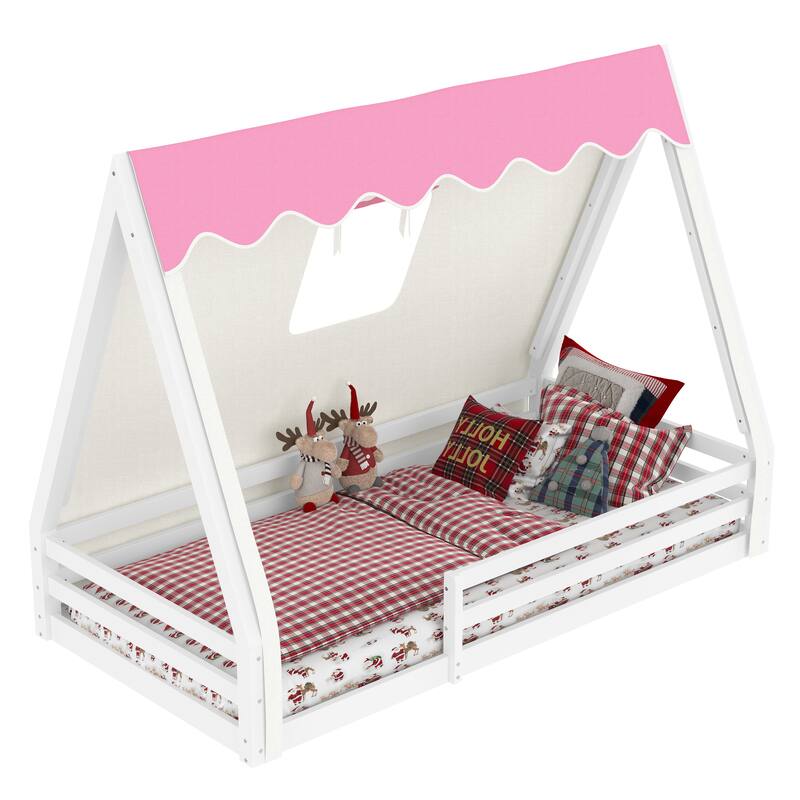 House Floor Bed with Tent and Light Montessori Kids Wood Bed Frame