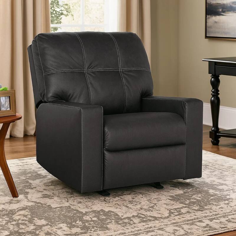 Barl Manual Recliner Chair, 35 Inch Tufted Rich Black Faux Leather