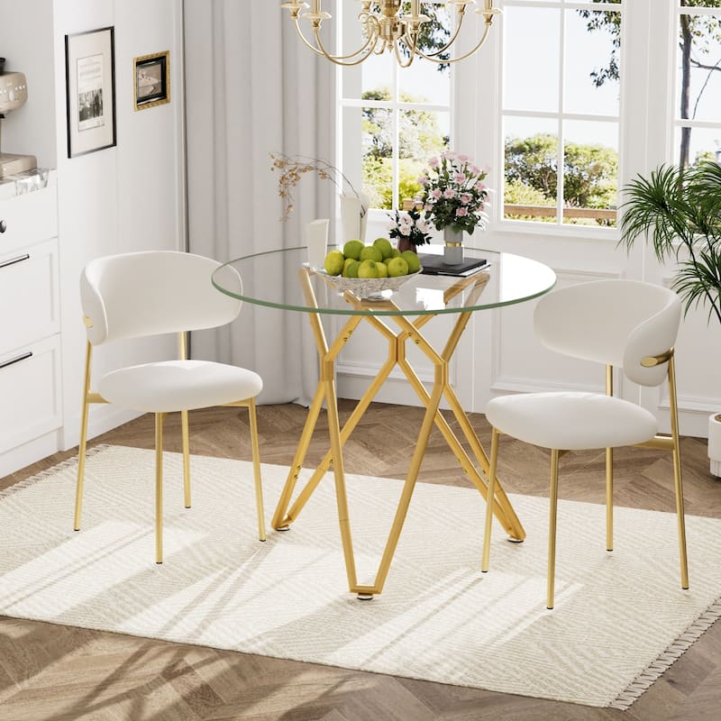 35.4-Inch Round Tempered Glass Dining Table, Suitable For 1-4 People, Space-Saving Small Kitchen Dining Table - Gold