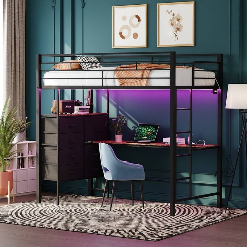 Metal Loft bed with 1 Desk,7 drawers,LED Light,Charging Sockets and Ladder