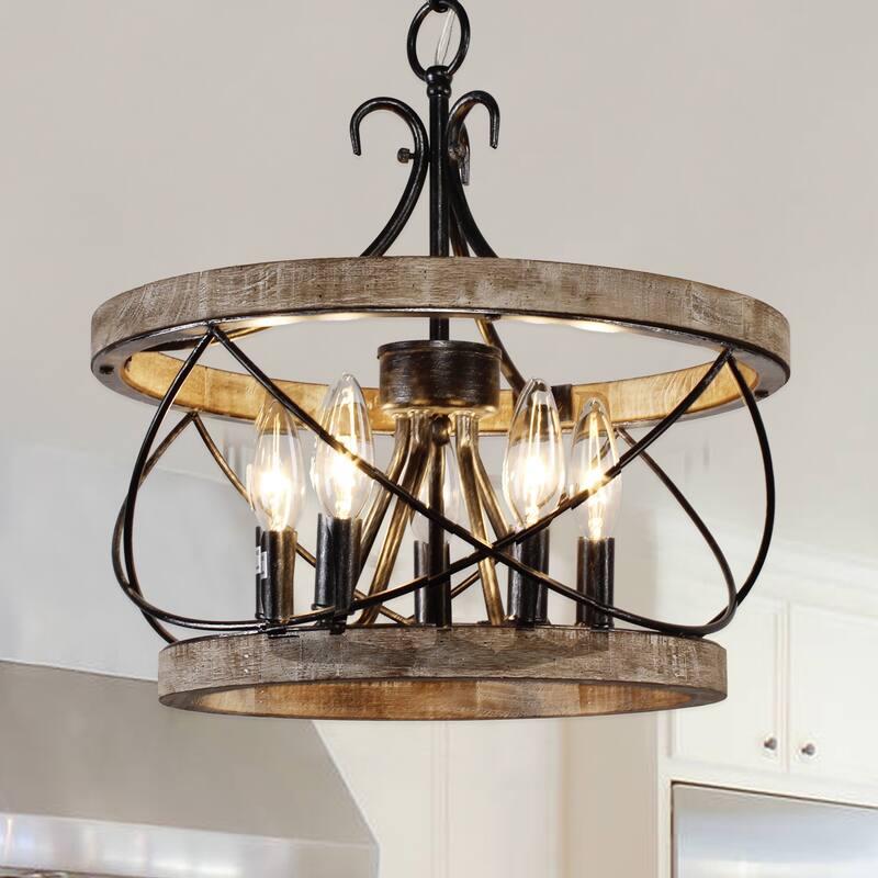 Cusp Barn 15.7 Inch Farmhouse Drum Wood Chandelier, 5-Light Rustic Over Table Chandelier Light Fixtures for Kitchen Island Foyer - Weathered Wood - 15.7 Inch