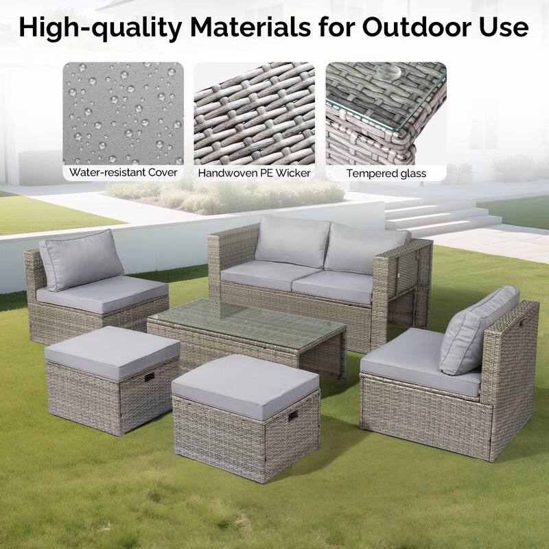 6-Piece All-Weather Wicker Conversation Sofa Set with Nesting Storage & Tea Table for Garden