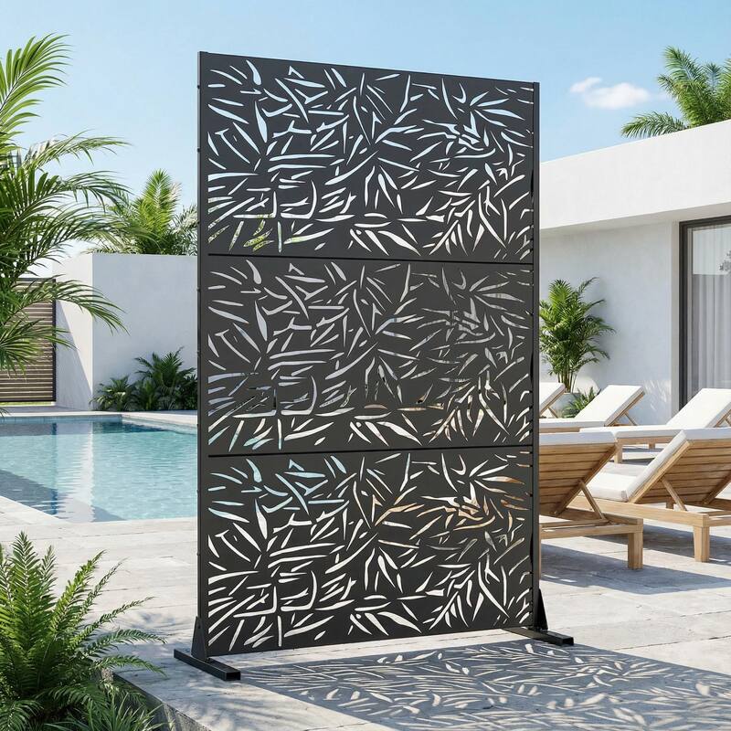 Outdoor Privacy Screen Free Standing Bamboo Leaves - Black
