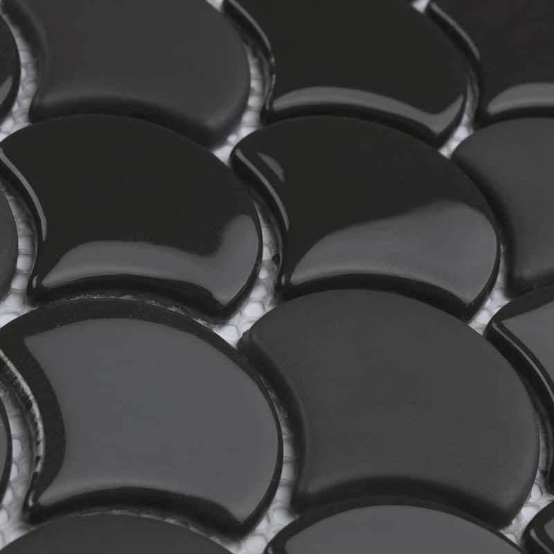 Merola Tile Expressions Scallop Black 11-1/4" x 12" Glass Mosaic Floor and Wall Tile