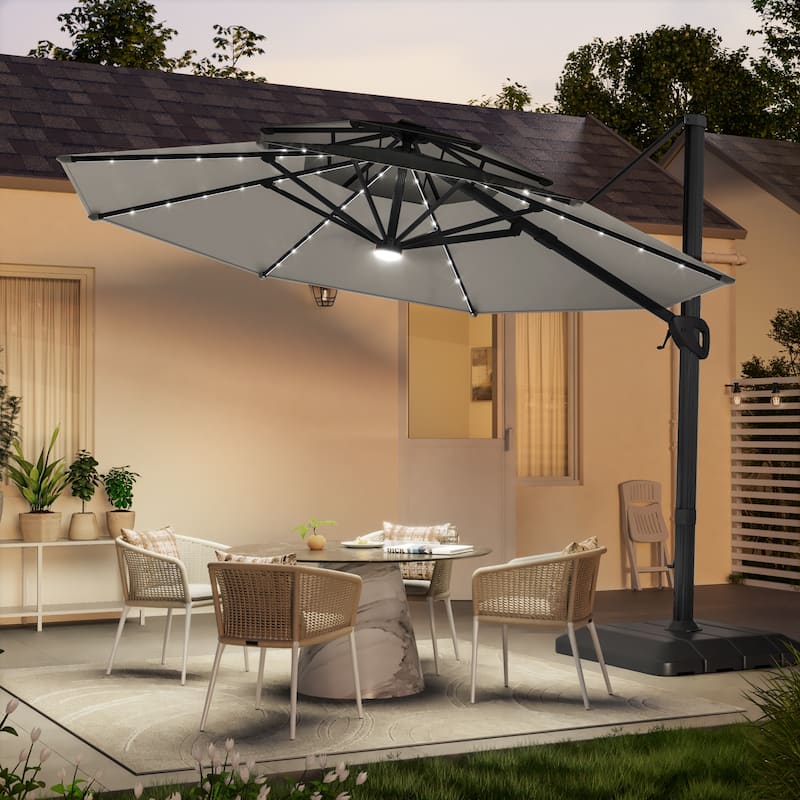 LIVOOSUN 11Ft LED Patio Hanging Double Top Octagon Cantilever Umbrella with 360-degree Rotating Canopy, Red - Natural