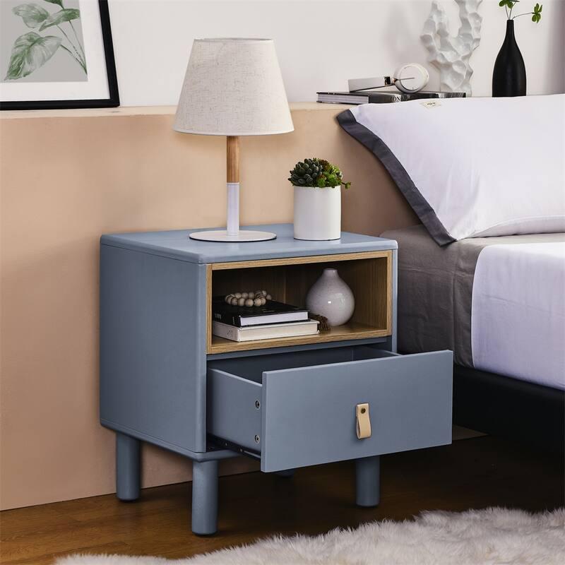 Modern Woode Bedside Table with Drawer and Legs - Blue