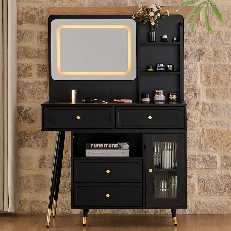 Modern Makeup Vanity Set with PU Cushioned Stool, Retractable Dressing Table Vanity Desk with Mirror, Light & Power Outlet