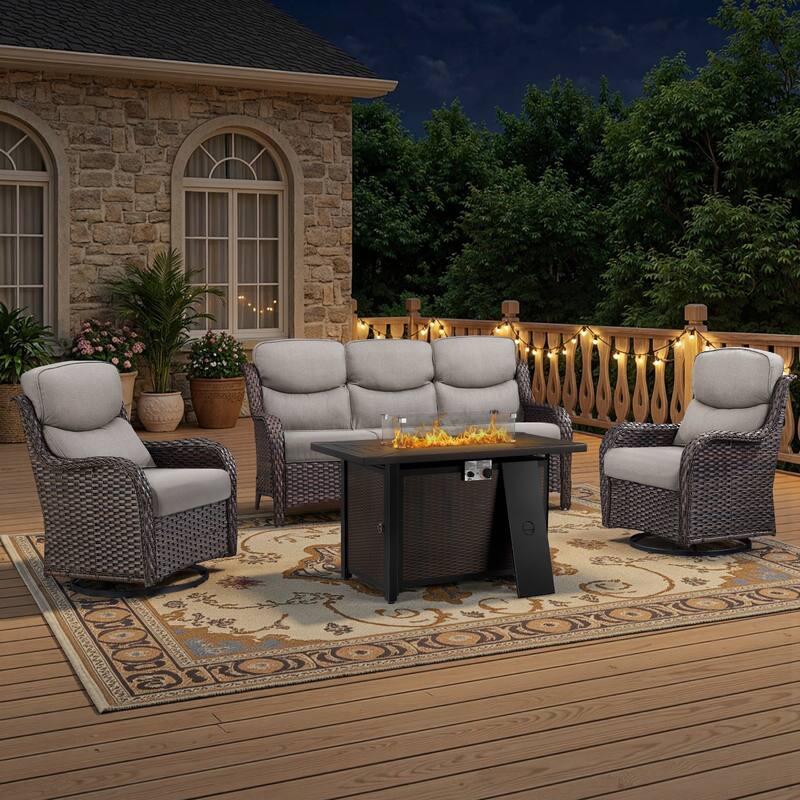 Meyreso 4-Piece Outdoor Patio Metal Fire Pit Wicker Conversation Set with 5-Inch Thick Olefin Cushions - Beige Cushions - Brown Wicker