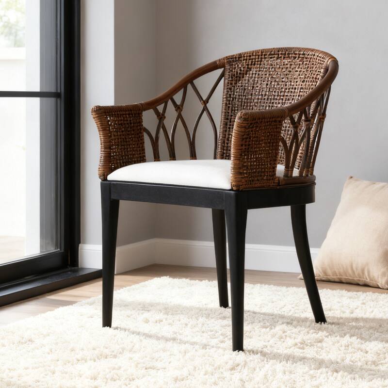 Bohemian 18" W Rattan Barrel Arm chair with Upholstered Seat Accent Chair - Single - Brown Blackwash-Black