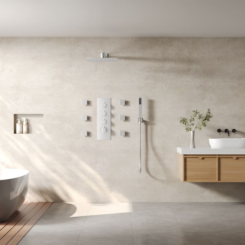 Thermostatic Shower System 12" Rain Shower Head with High Pressure Handheld Spray