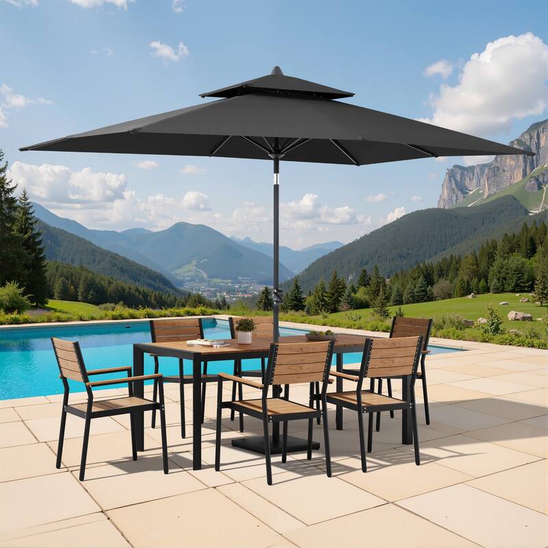 9/11-Piece Outdoor Patio Dining Set Aluminum Dining Table and Stackable Chairs w/10 ft Market Umbrella and Base - Set of 9 - Brown Table with Black Umbrella