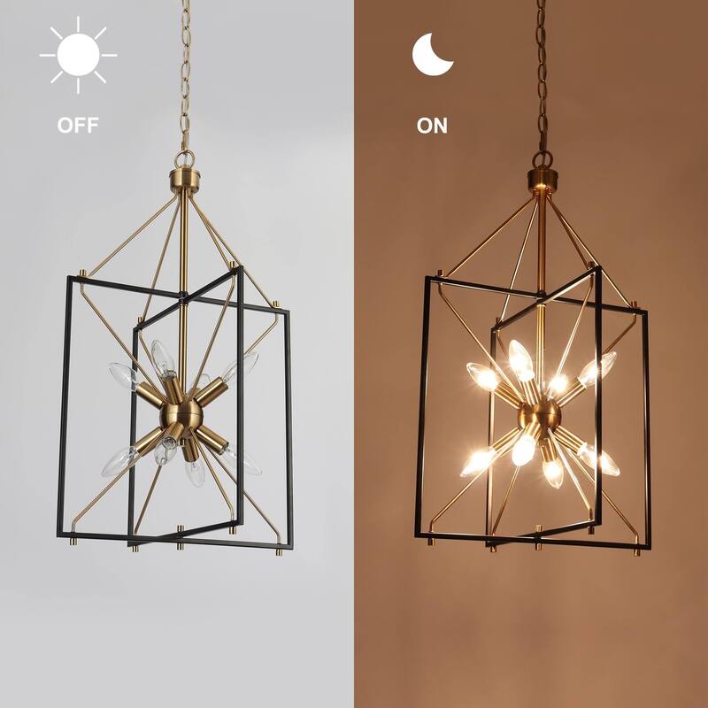 Modern 8-Light Black Gold Geometric Chandelier Metal Ceiling Square Pendant Lighting for Kitchen Island
