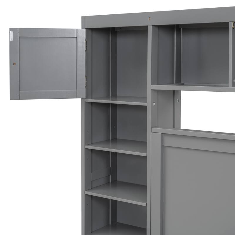 Modern Wooden Platform Bed with Cabinet, Shelf, and Sockets