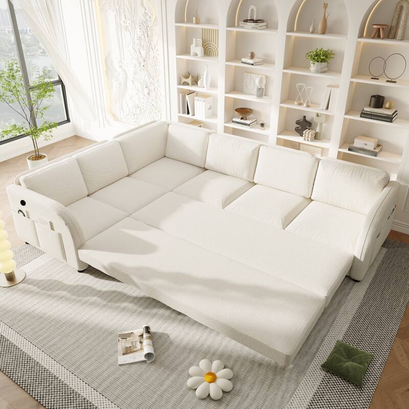 115" L-Shaped Sectional with Pull-Out Bed, USB Ports & Side Pockets, King Size Upholstered Bed