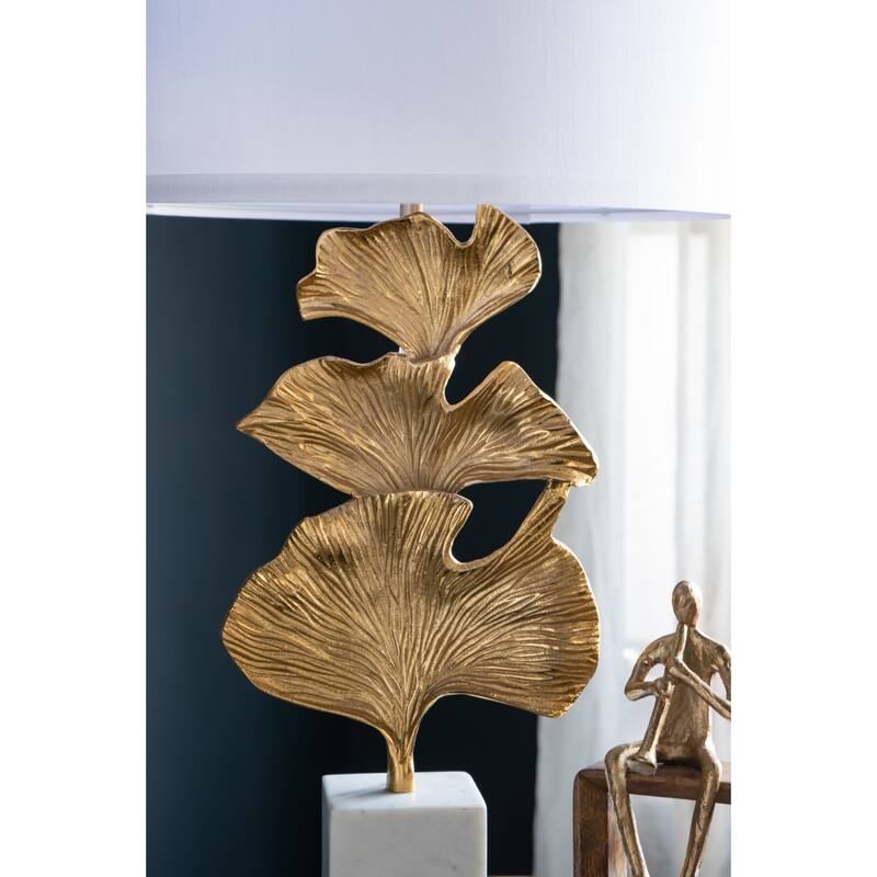 D17x30.2" Gold Ginkgo Leaf Table Lamp with Marble Base and White Drum Shade (Lamp Shade Assembly Required)