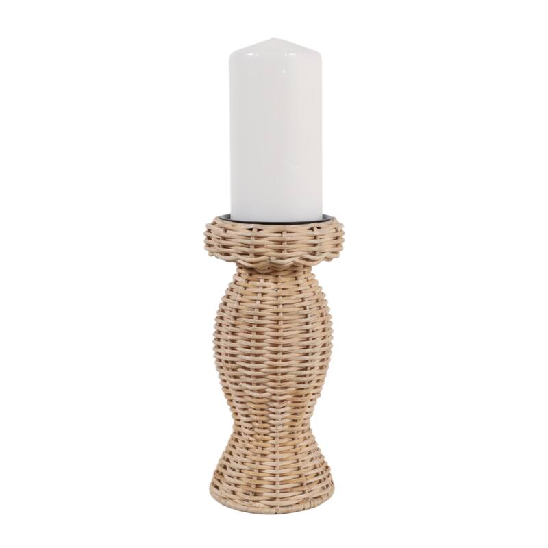 Candle Holder - Brown Metal Handwoven Raffia Pillar