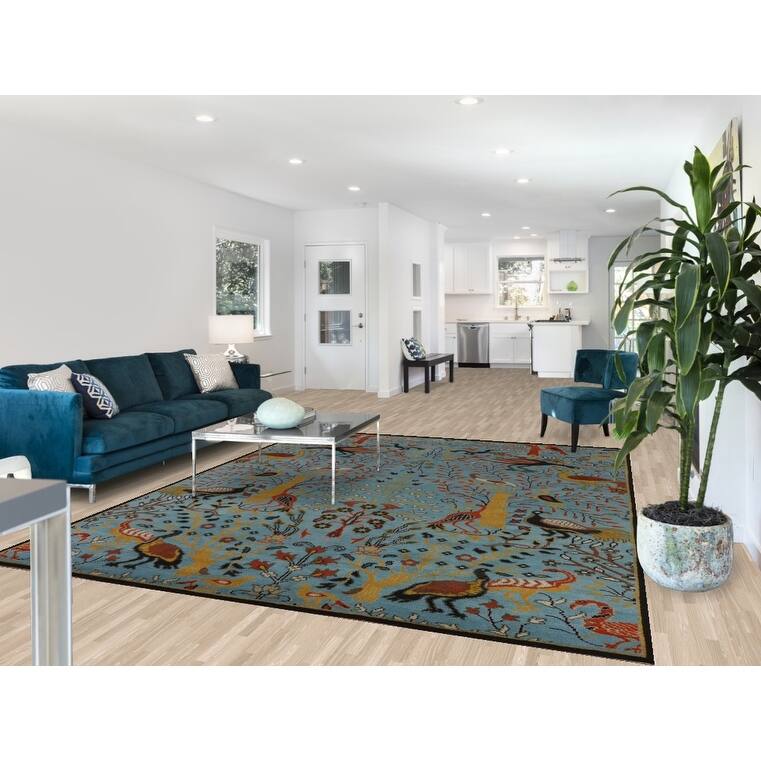 Animals Design Blue Ziegler Oriental Area Rug Hand-Knotted Wool Carpet - 7'10" X 10'0"