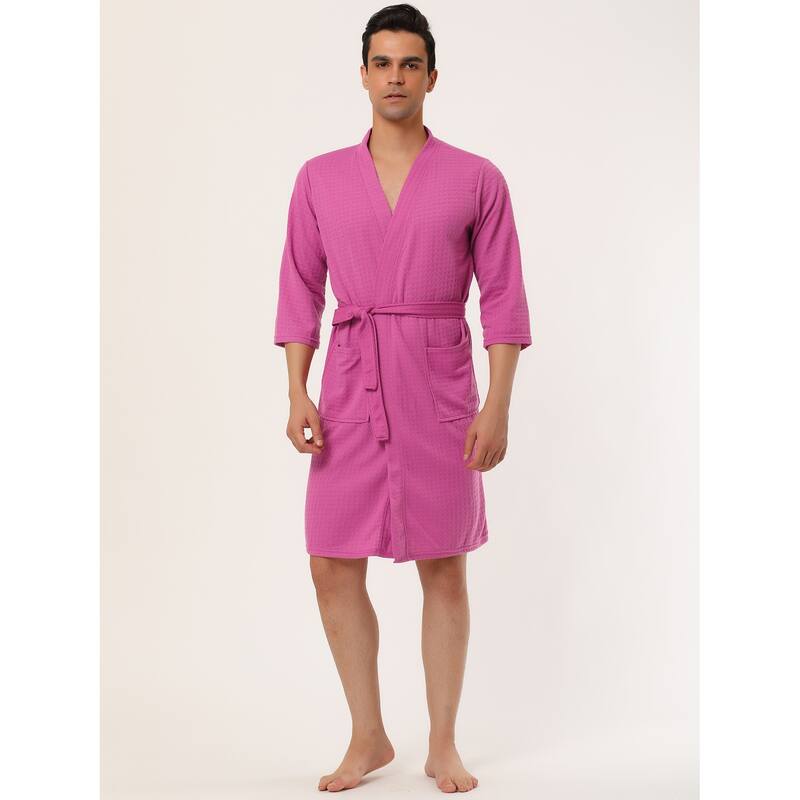 Men's Waffle Bathrobe Solid Color Sleepwear 3/4 Sleeve Kimono Spa Robe - Rose Red - XS
