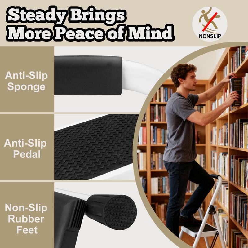 Anmytek 2 Step Folding Ladder Stool Anti Slip Wide Pedal Handrails 330 LBS White Home Use