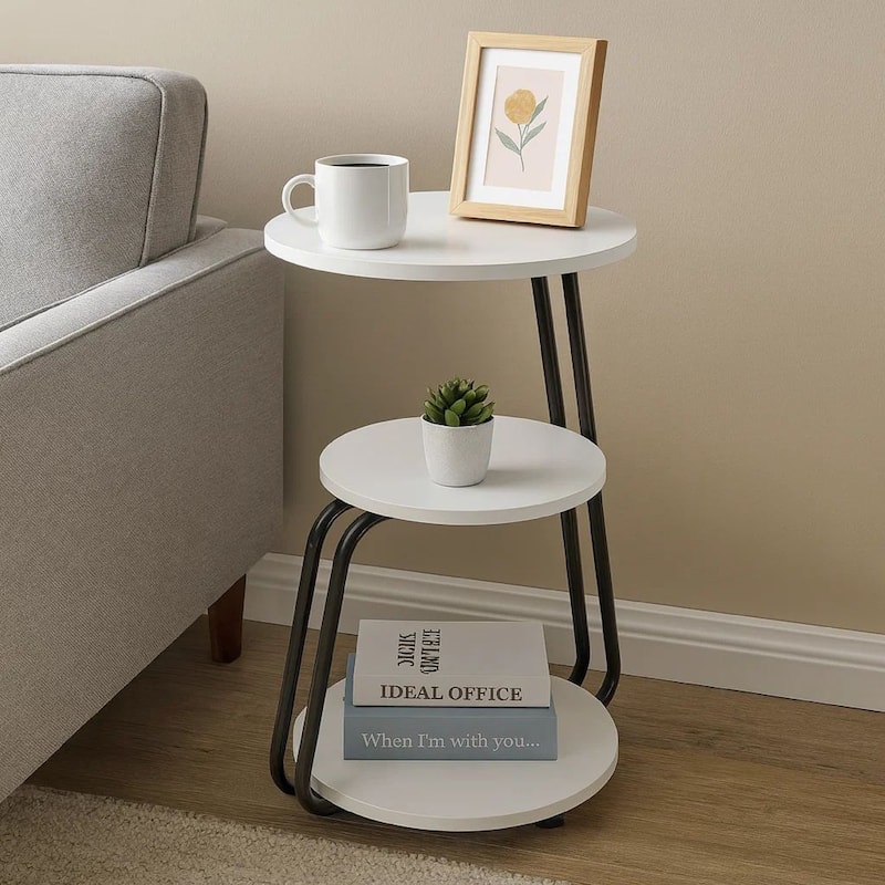 26 Inch Side End Table, 3 Tier Design, Black Metal Frame, White Finish