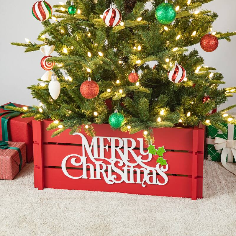 Glitzhome MERRY CHRISTMAS Solid Wood Crate Xmas Tree Collar