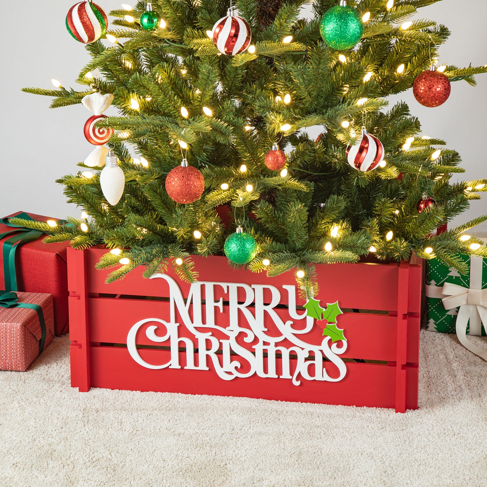 Glitzhome MERRY CHRISTMAS Solid Wood Crate Xmas Tree Collar