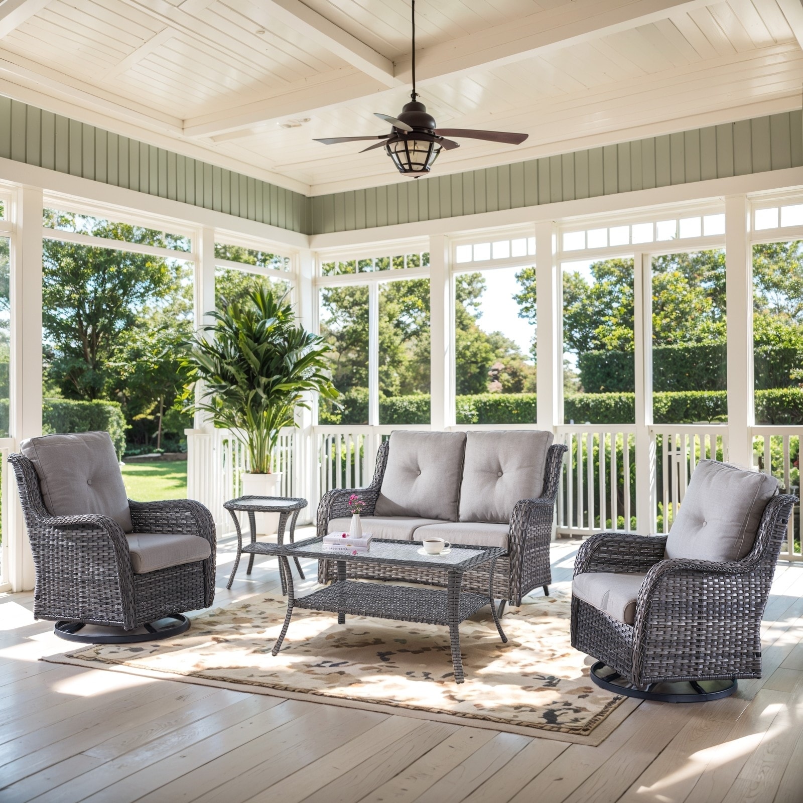 Patio Loveseat Sofa with Swivel Chair and Coffee Table - Grey cushion