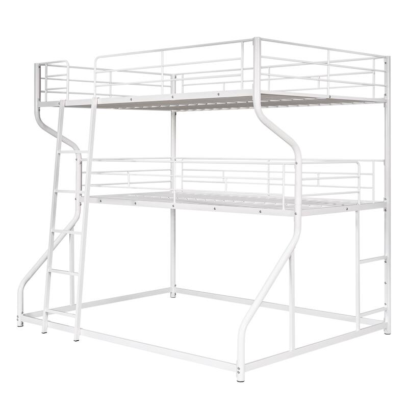 Triple Bunk Bed with Full XL, Twin XL, and Queen, Metal Frame, Safety Guardrails, Industrial Style for Shared Rooms