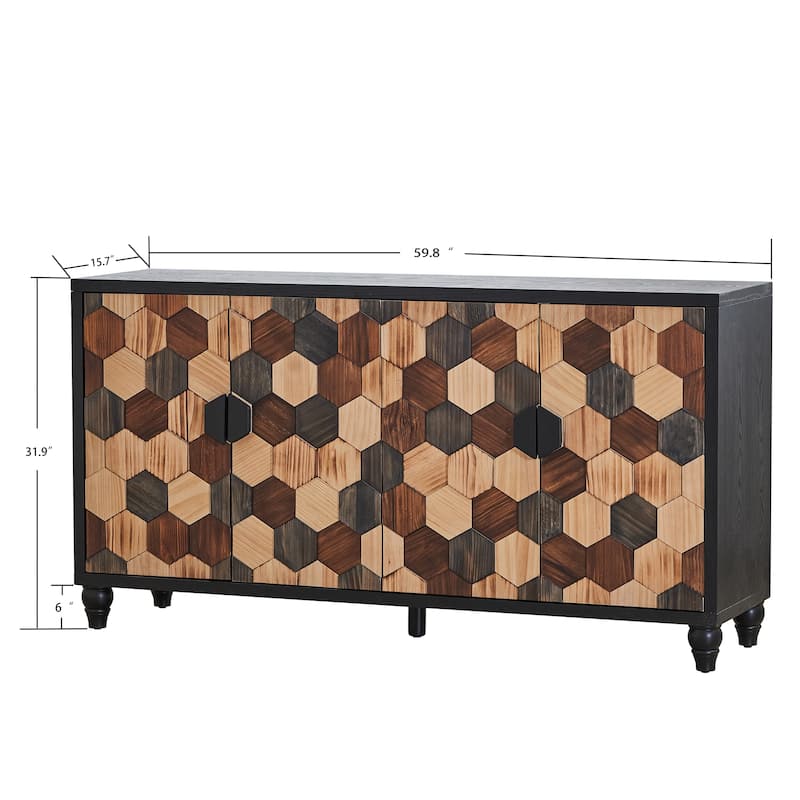 59" Modern Distressed Honeycomb Wood Storage Cabinet with Doors, Accent Buffet Sideboard for Living Room or Entryway
