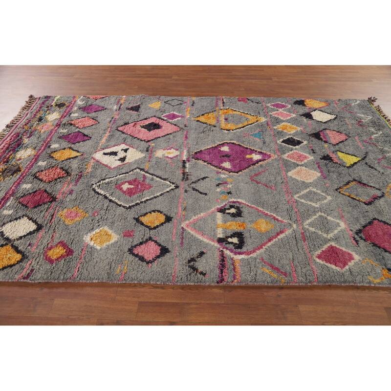 Grey Geometric Plush Moroccan Oriental Rug Hand-Knotted Wool Carpet - 6'1" x 9'5"