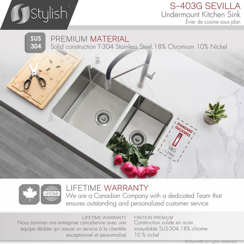 Undermount 28" Stainless Steel Double-Bowl 60/40 Kitchen Sink S-403G - 28" x 18" x 9"