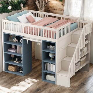 Full Loft Bed with Storage Cabinets, Staircase, and Curtain