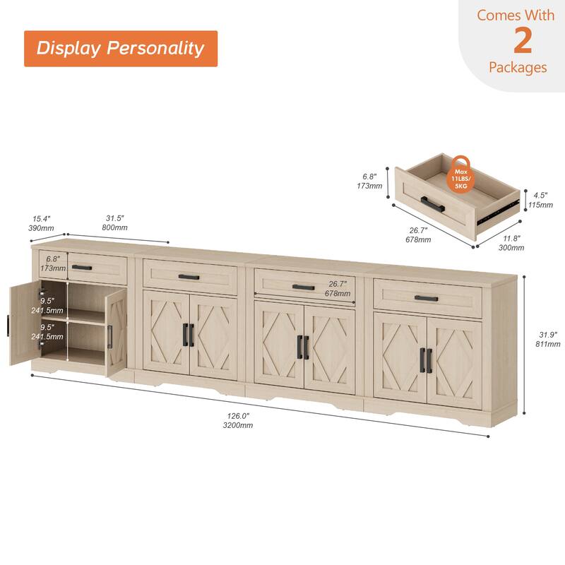 Farmhouse Entertainment Center with Storage Barn Door Cabinet for 50"-130" TVs