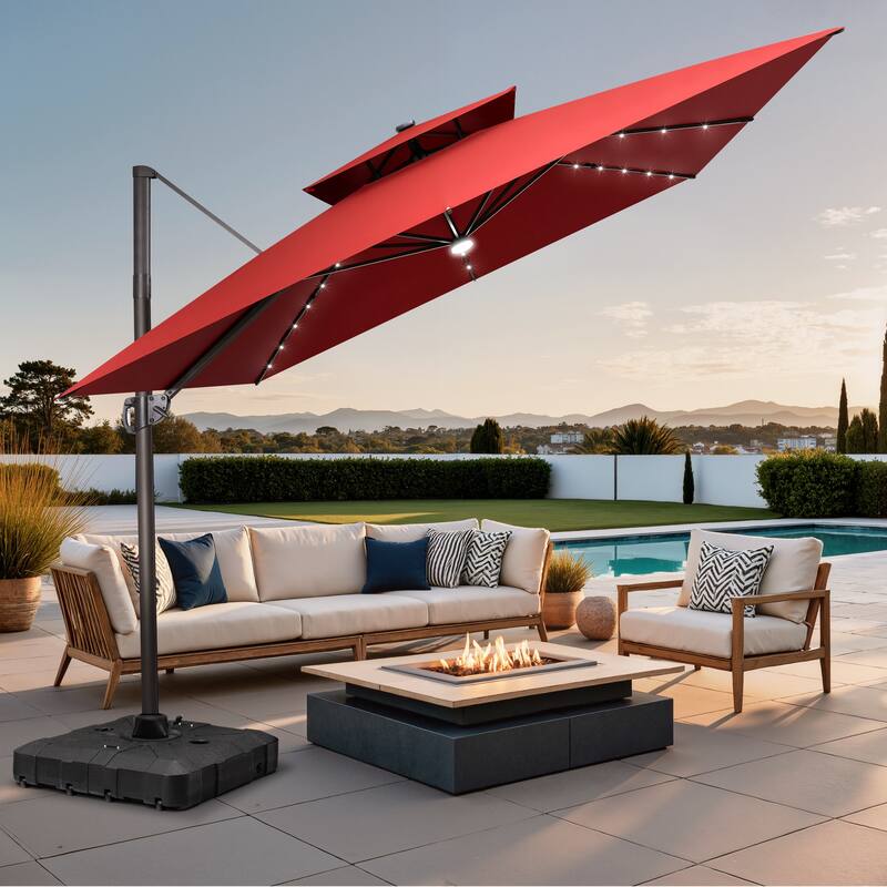 11 FT Square Outdoor Patio Cantilever Umbrella with Solar Lights All-Weather Wheeled Base Double Canopy 360 Rotation Tilt - Red
