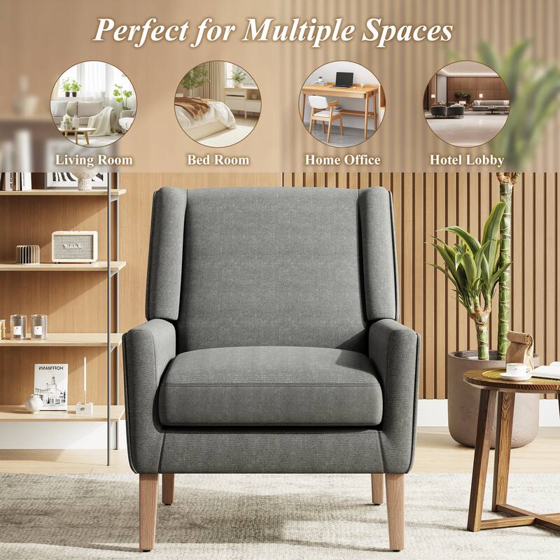 Mid-Century Linen Wing Chair - Tailored Channel Tufting & Walnut Tapered Legs, Compact Accent for Reading Nooks