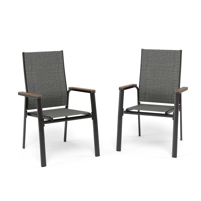MAISON ARTS 2 Pieces Aluminium Stackable Patio Dining Chairs with Wooden Armest