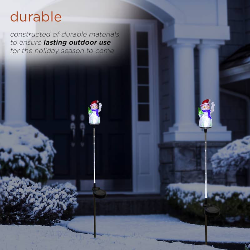 Alpine Corporation 34"H Outdoor Solar Christmas Snowman Fiber Optic Lawn Stakes with LED Lights (Set of 2) - Multi