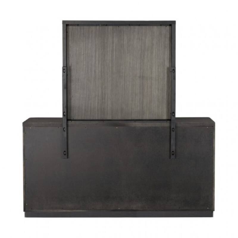 Zoko Wide Dresser with 5 Drawers, Textured Metal Accents, Ash Gray